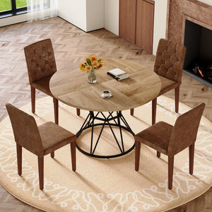 English Elm Table and Chair Set Round Marble Top Dining with Button Tufted Suede Seats for Four Wood W1151S04913