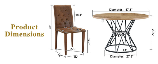 English Elm Table and Chair Set Round Marble Top Dining with Button Tufted Suede Seats for Four Wood W1151S04913