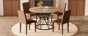 English Elm Table and Chair Set Round Marble Top Dining with Button Tufted Suede Seats for Four Wood W1151S04913