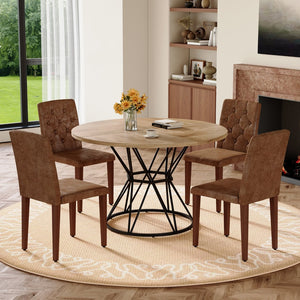 English Elm Table and Chair Set Round Marble Top Dining with Button Tufted Suede Seats for Four Wood W1151S04913