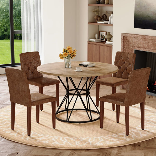 English Elm Table and Chair Set Round Marble Top Dining with Button Tufted Suede Seats for Four Wood W1151S04913