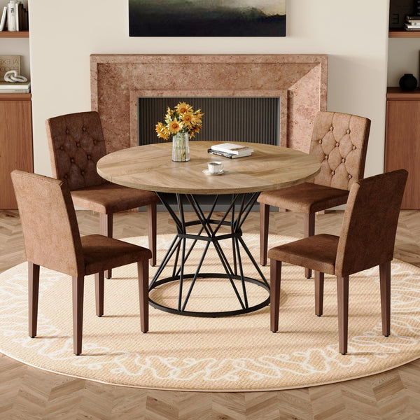 English Elm Table and Chair Set Round Marble Top Dining with Button Tufted Suede Seats for Four Wood W1151S04913