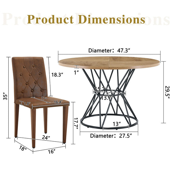 English Elm Table and Chair Set Round Marble Top Dining with Button Tufted Suede Seats for Four Wood W1151S04913
