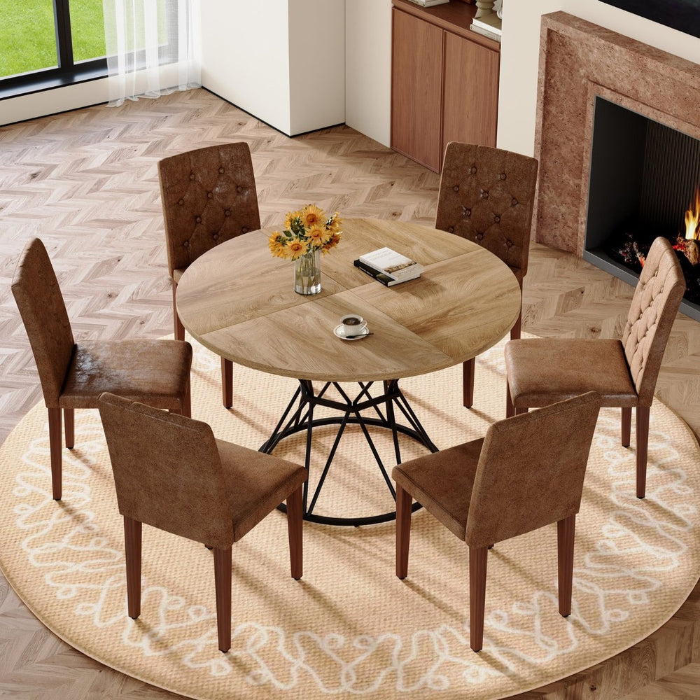 English Elm Table and Chair Set Round Marble Mdf Top Tufted Suede Seating for Six Dining Brown, Walnut, Wood W1151S04914
