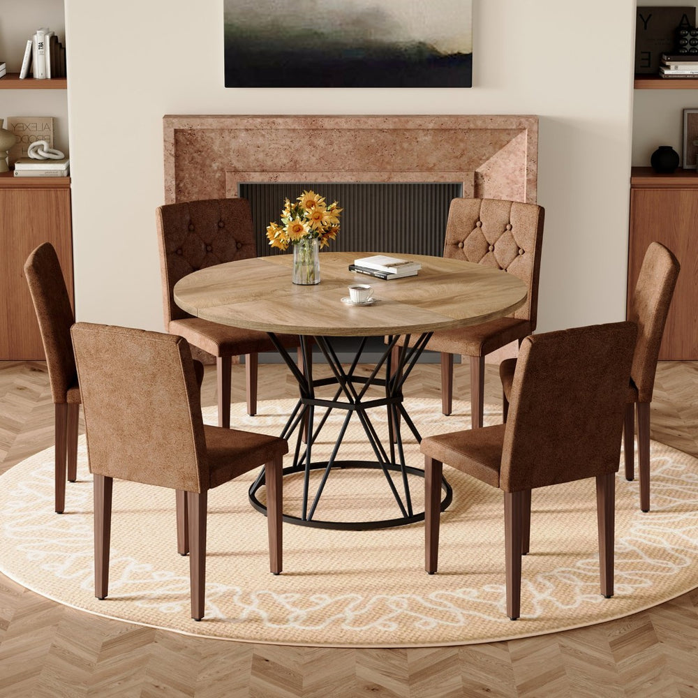 English Elm Table and Chair Set Round Marble Mdf Top Tufted Suede Seating for Six Dining Brown, Walnut, Wood W1151S04914