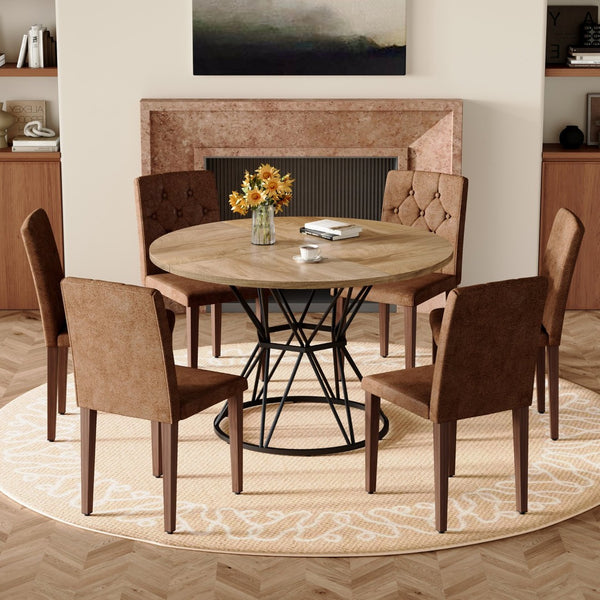 English Elm Table and Chair Set Round Marble Mdf Top Tufted Suede Seating for Six Dining Brown, Walnut, Wood W1151S04914