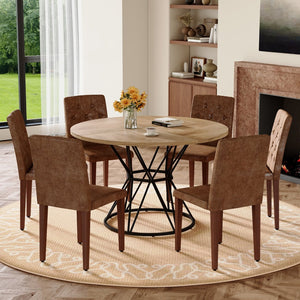 English Elm Table and Chair Set Round Marble Mdf Top Tufted Suede Seating for Six Dining Brown, Walnut, Wood W1151S04914