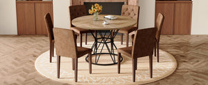 English Elm Table and Chair Set Round Marble Mdf Top Tufted Suede Seating for Six Dining Brown, Walnut, Wood W1151S04914