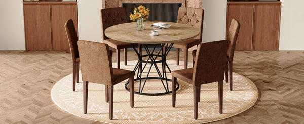 English Elm Table and Chair Set Round Marble Mdf Top Tufted Suede Seating for Six Dining Brown, Walnut, Wood W1151S04914