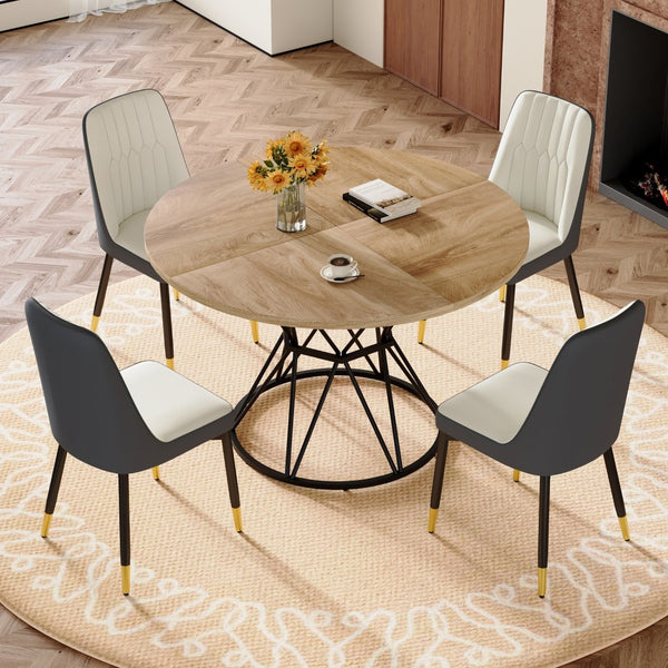 English Elm Table and Chair Set Round Mdf Five Piece Dining with Gold Accent Legs for Modern Spaces Wood Grain W1151S04921
