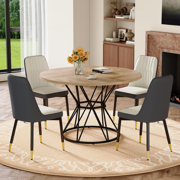 English Elm Table and Chair Set Round Mdf Five Piece Dining with Gold Accent Legs for Modern Spaces Wood Grain W1151S04921