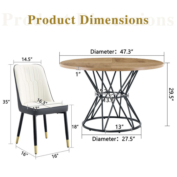 English Elm Table and Chair Set Round Mdf Five Piece Dining with Gold Accent Legs for Modern Spaces Wood Grain W1151S04921
