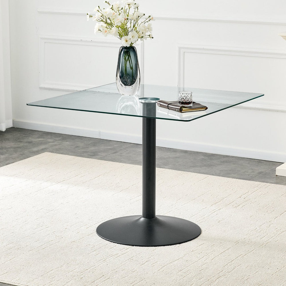 English Elm 38.5-inch Square Tempered Glass Dining Table Sculptural Pillar Base Seats Four Black W1151S04925