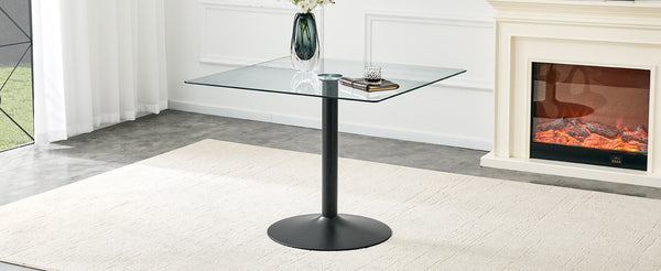 English Elm 38.5-inch Square Tempered Glass Dining Table Sculptural Pillar Base Seats Four Black W1151S04925
