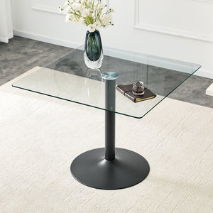 English Elm 38.5-inch Square Tempered Glass Dining Table Sculptural Pillar Base Seats Four Black W1151S04925