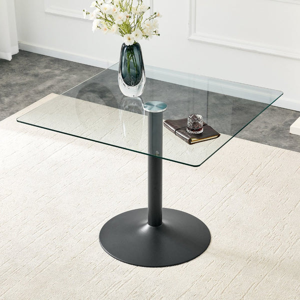 English Elm 38.5-inch Square Tempered Glass Dining Table Sculptural Pillar Base Seats Four Black W1151S04925
