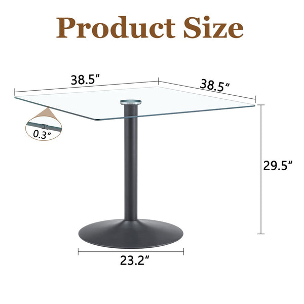 English Elm 38.5-inch Square Tempered Glass Dining Table Sculptural Pillar Base Seats Four Black W1151S04925