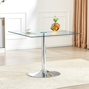English Elm 38.5-inch Square Tempered Glass Dining Table Sculptural Pillar Base Seats Four Silver W1151S04926