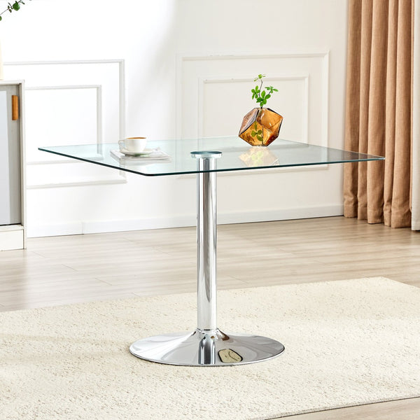English Elm 38.5-inch Square Tempered Glass Dining Table Sculptural Pillar Base Seats Four Silver W1151S04926