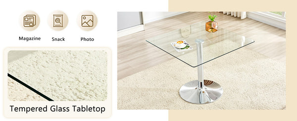 English Elm 38.5-inch Square Tempered Glass Dining Table Sculptural Pillar Base Seats Four Silver W1151S04926