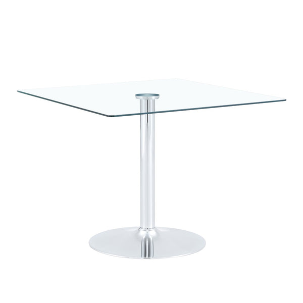 English Elm 38.5-inch Square Tempered Glass Dining Table Sculptural Pillar Base Seats Four Silver W1151S04926