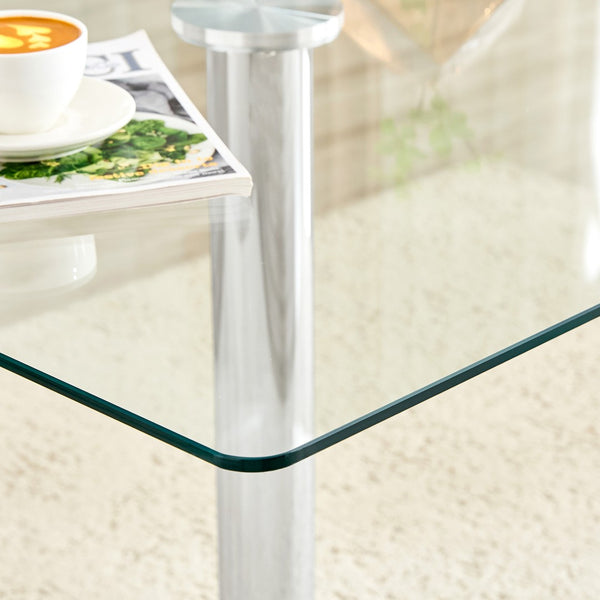 English Elm 38.5-inch Square Tempered Glass Dining Table Sculptural Pillar Base Seats Four Silver W1151S04926