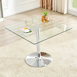 English Elm 38.5-inch Square Tempered Glass Dining Table Sculptural Pillar Base Seats Four Silver W1151S04926