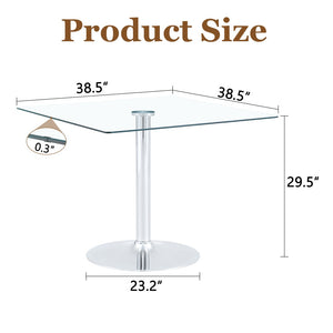 English Elm 38.5-inch Square Tempered Glass Dining Table Sculptural Pillar Base Seats Four Silver W1151S04926