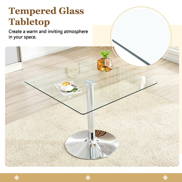 English Elm 38.5-inch Square Tempered Glass Dining Table Sculptural Pillar Base Seats Four Silver W1151S04926