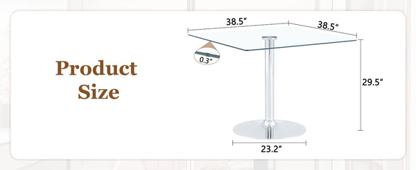 English Elm 38.5-inch Square Tempered Glass Dining Table Sculptural Pillar Base Seats Four Silver W1151S04926