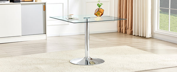 English Elm 38.5-inch Square Tempered Glass Dining Table Sculptural Pillar Base Seats Four Silver W1151S04926