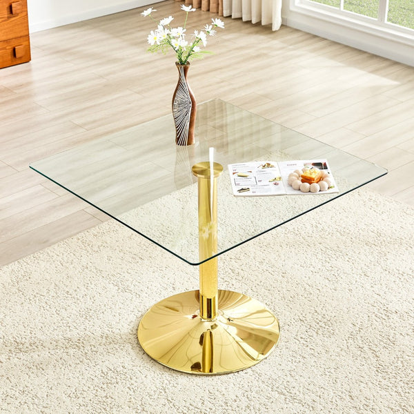 English Elm 38.5-inch Square Tempered Glass Dining Table Sculptural Pillar Base Seats Four W1151S04927