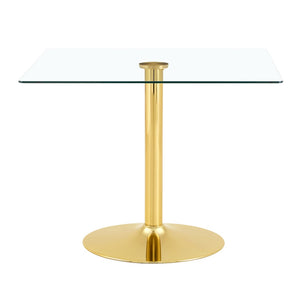 English Elm 38.5-inch Square Tempered Glass Dining Table Sculptural Pillar Base Seats Four W1151S04927