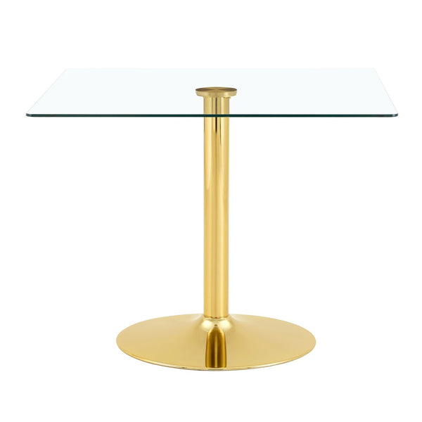English Elm 38.5-inch Square Tempered Glass Dining Table Sculptural Pillar Base Seats Four W1151S04927