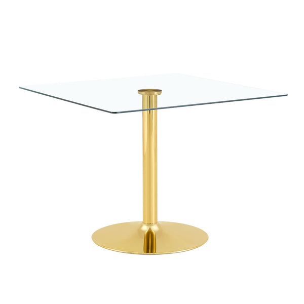English Elm 38.5-inch Square Tempered Glass Dining Table Sculptural Pillar Base Seats Four W1151S04927