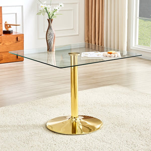 English Elm 38.5-inch Square Tempered Glass Dining Table Sculptural Pillar Base Seats Four W1151S04927