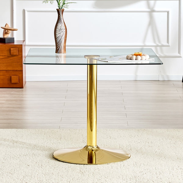 English Elm 38.5-inch Square Tempered Glass Dining Table Sculptural Pillar Base Seats Four W1151S04927