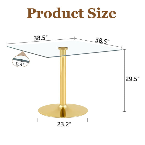 English Elm 38.5-inch Square Tempered Glass Dining Table Sculptural Pillar Base Seats Four W1151S04927