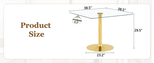 English Elm 38.5-inch Square Tempered Glass Dining Table Sculptural Pillar Base Seats Four W1151S04927