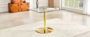 English Elm 38.5-inch Square Tempered Glass Dining Table Sculptural Pillar Base Seats Four W1151S04927