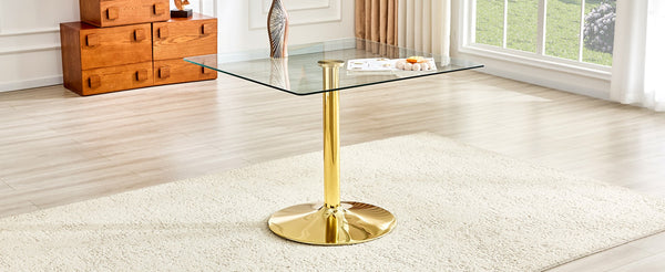 English Elm 38.5-inch Square Tempered Glass Dining Table Sculptural Pillar Base Seats Four W1151S04927