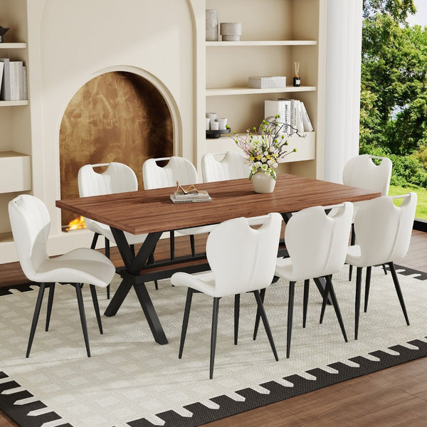 English Elm Table and Chair Set 9 Piece Industrial Dining with Mdf Top X Frame Metal Base Walnut White W1151S04932
