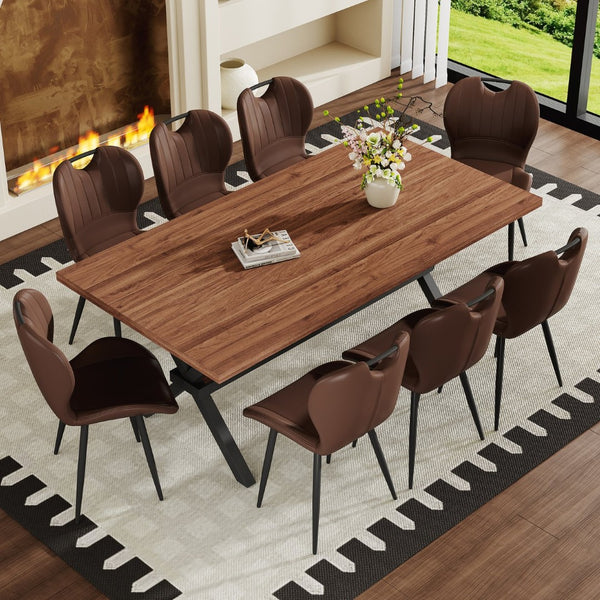 English Elm Table and Chair Set 9 Piece Industrial Dining with X Base and Brown Pu Leather Seating Walnut W1151S04934