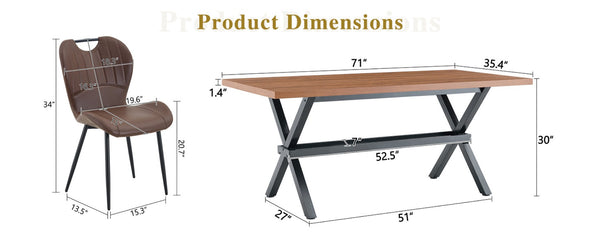 English Elm Table and Chair Set 9 Piece Industrial Dining with X Base and Brown Pu Leather Seating Walnut W1151S04934
