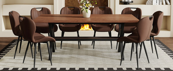 English Elm Table and Chair Set 9 Piece Industrial Dining with X Base and Brown Pu Leather Seating Walnut W1151S04934