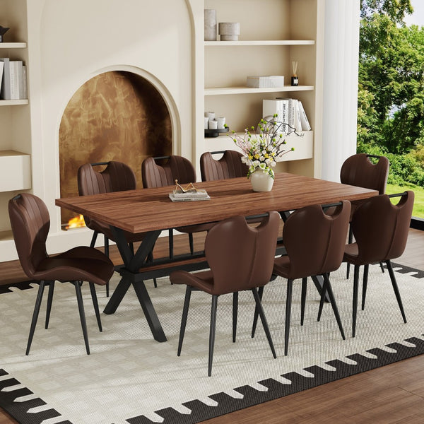 English Elm Table and Chair Set 9 Piece Industrial Dining with X Base and Brown Pu Leather Seating Walnut W1151S04934