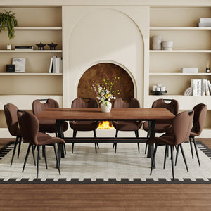 English Elm Table and Chair Set 9 Piece Industrial Dining with X Base and Brown Pu Leather Seating Walnut W1151S04934