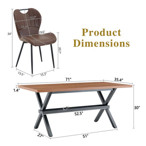 English Elm Table and Chair Set 9 Piece Industrial Dining with X Base and Brown Pu Leather Seating Walnut W1151S04934