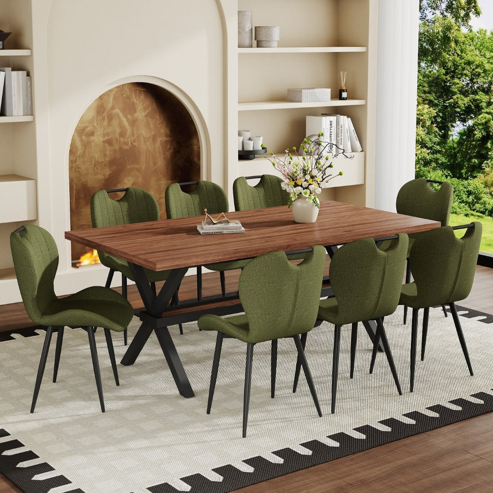 English Elm Table and Chair Set 9 Piece Walnut Mdf Top X Frame Seats Eight Dining Room Olive Green / Walnut + Black W1151S04935