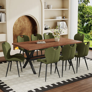 English Elm Table and Chair Set 9 Piece Walnut Mdf Top X Frame Seats Eight Dining Room Olive Green / Walnut + Black W1151S04935